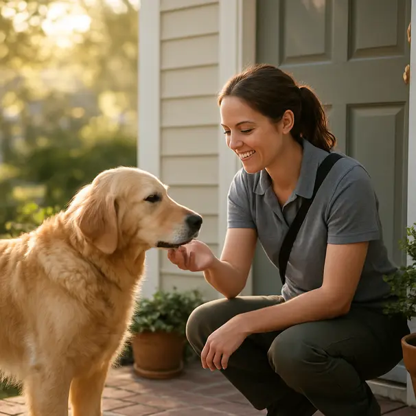 Pet carer meeting a golden retriever at a sunny front doorstep, warm porch setting, dog sniffing sitter's hand