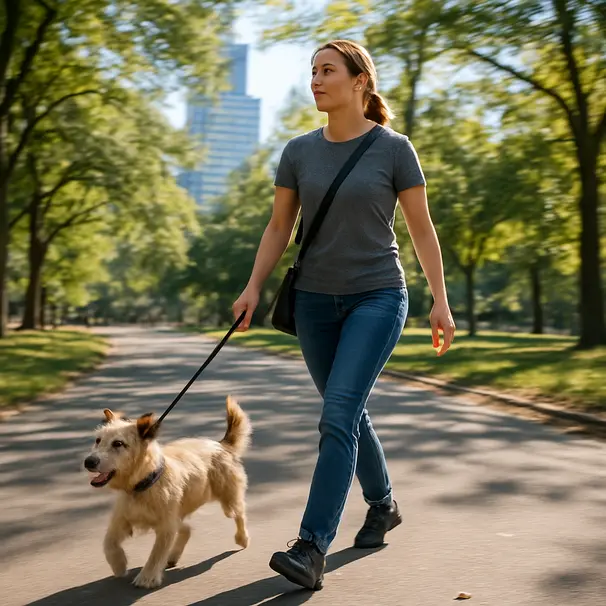 Pet carer walking a small terrier in a sunny tree-lined city park, leash and movement visible