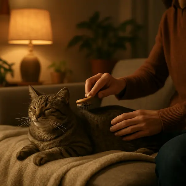 Pet sitter brushing a tabby cat on a couch in a warmly lit living room, cozy evening atmosphere