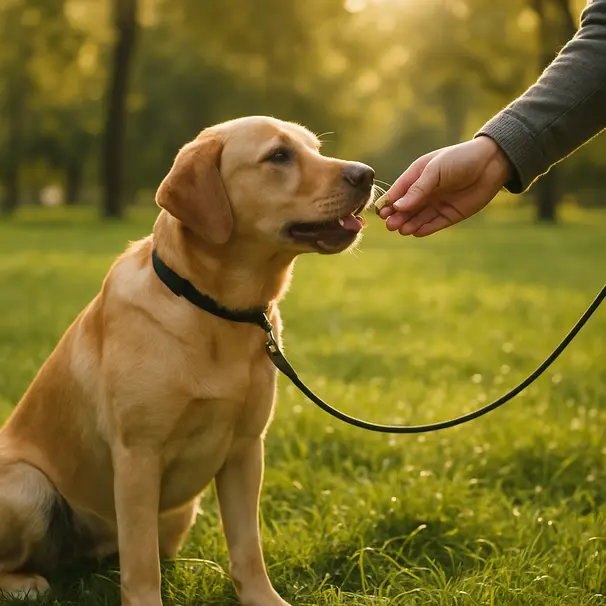 Labrador in a park taking a small piece of chopped spinach from an owner's hand during a walk at golden hour