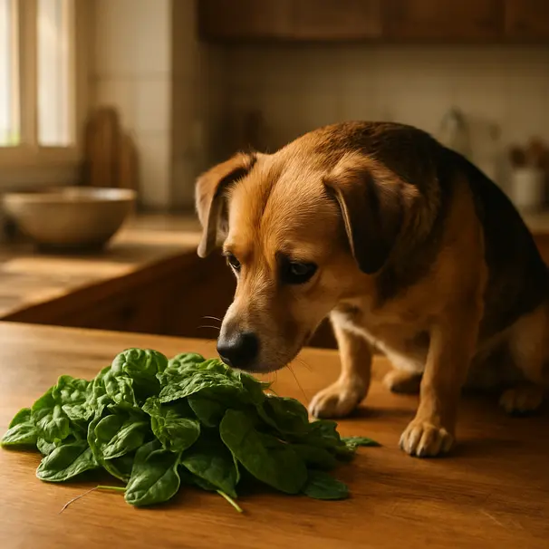 Mixed-breed dog in a cozy kitchen sniffing a bowl of washed spinach leaves on a wooden counter in morning light