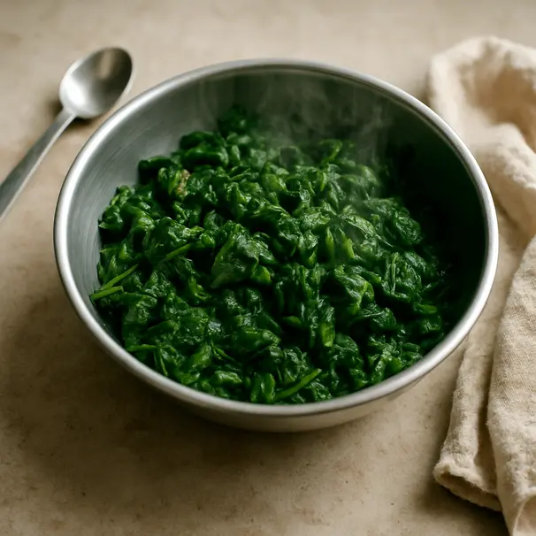 Bowl of lightly steamed and chopped spinach on a kitchen table with a measuring spoon, ready to be served to a dog
