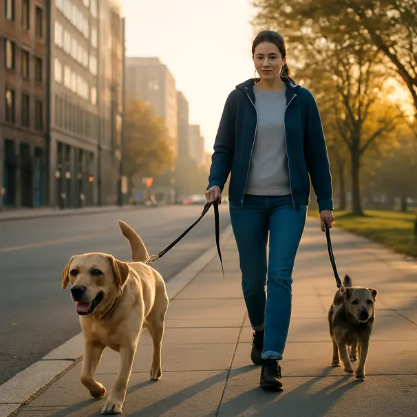 Pet carer walking a Labrador and an older terrier on a city sidewalk at sunrise