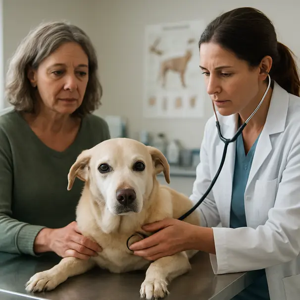 Veterinarian examining a middle-aged female dog on an exam table with owner observing in a bright clinic