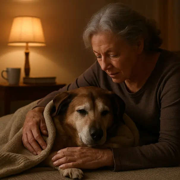 Senior dog cuddled under a blanket with a pet carer in a warm, dimly lit living room