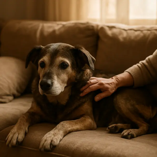 Older female dog resting on a living room couch with owner's hand in late-afternoon sunlight
