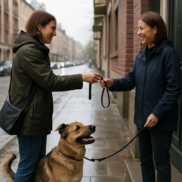 Pet owner handing a leash to a pet carer at a doorstep on an overcast city street with a dog waiting, wet pavement