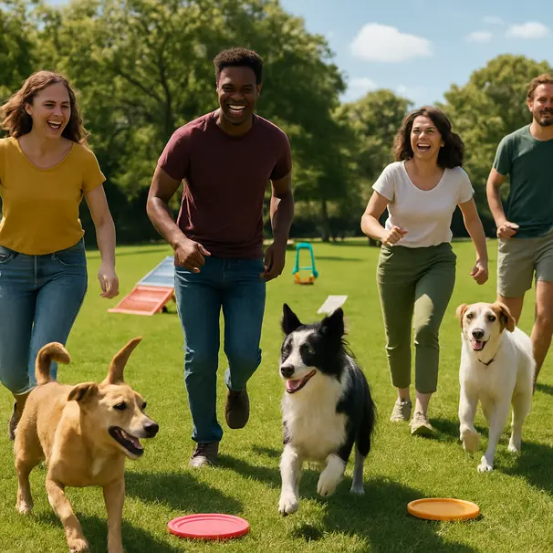 Group of people and several mixed-breed dogs playing together in a sunny community park with frisbees and agility toys