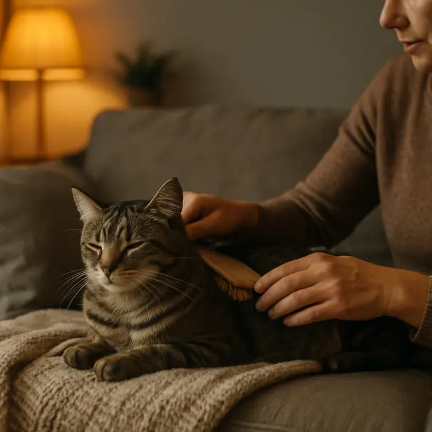 Pet carer brushing a relaxed tabby cat on a living room sofa under warm lamp light, intimate grooming moment