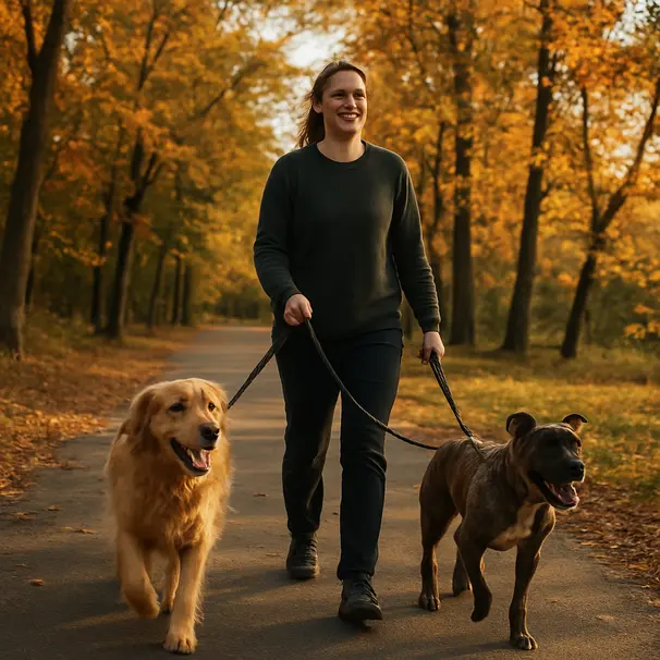 Pet carer walking two dogs along a tree-lined park path at golden hour, sunlight through leaves, dogs mid-step