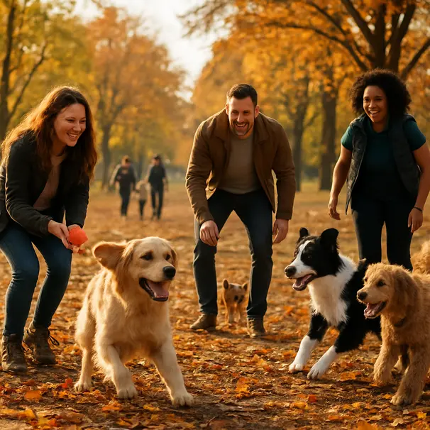 Mehrere Hunde und Menschen spielen auf einer herbstlichen Parkwiese, bunte Blätter, fröhliche Stimmung