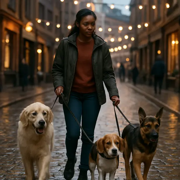 Tierbetreuer läuft mit drei unterschiedlich großen Hunden an einer kopfsteingepflasterten Straße bei Abendlicht, Lichter reflektieren