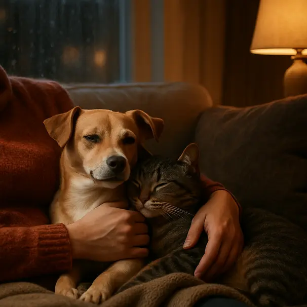 Person kuschelt mit Hund und Katze auf der Couch bei gemütlichem Lampenlicht, Regen am Fenster im Hintergrund