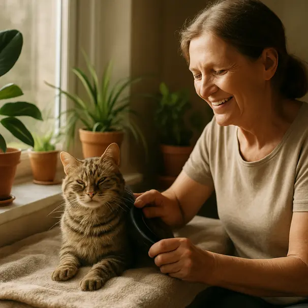 Ältere gestreifte Katze wird auf einem sonnigen Fensterbrett im Wohnzimmer gebürstet, Mensch streichelt sie