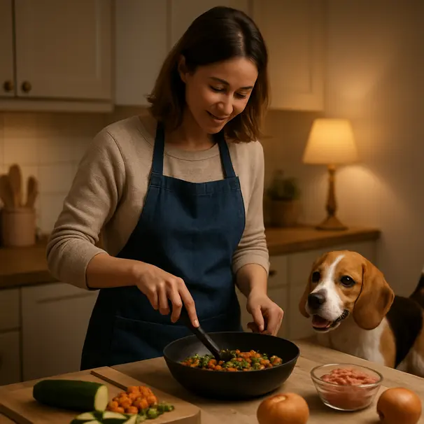 Pet carer preparing a homemade vegetable and meat topper in a kitchen with a beagle wagging its tail nearby
