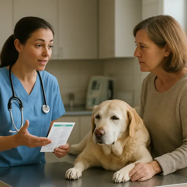 Veterinarian discussing a therapeutic dog diet with an owner while a senior Labrador rests on an exam table in a clinic
