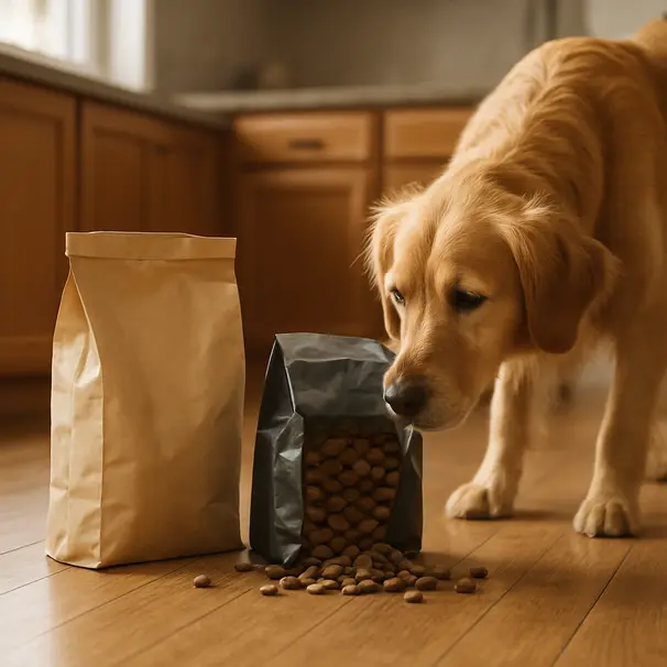 Golden retriever sniffing two opened dog food bags on a wooden kitchen floor in morning light