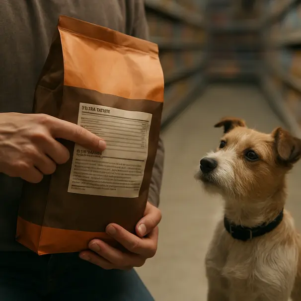 Person reading guaranteed analysis and ingredient list on a dog food bag with a small terrier sitting beside them in a store aisle