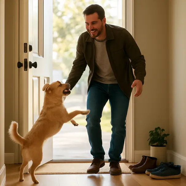 Small golden mixed-breed dog jumping up at a smiling owner in a sunlit home entryway as they open the door