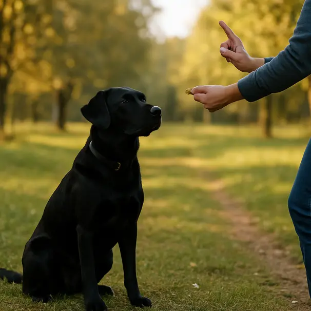 Black Labrador sitting calmly in a park on a grassy path while owner offers a treat and hand cue during greeting practice