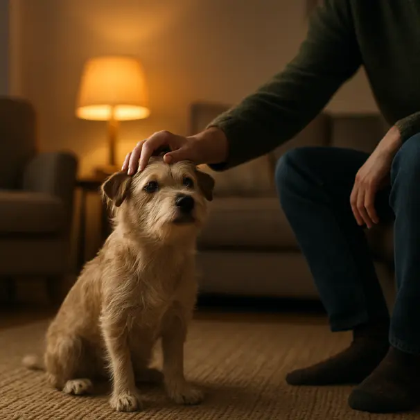 Small terrier sitting calmly on a living room rug while a guest gently pets it under warm lamplight