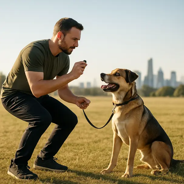 Professional trainer working with a large mixed-breed dog on a loose leash in a sunny open field using positive reinforcement tools