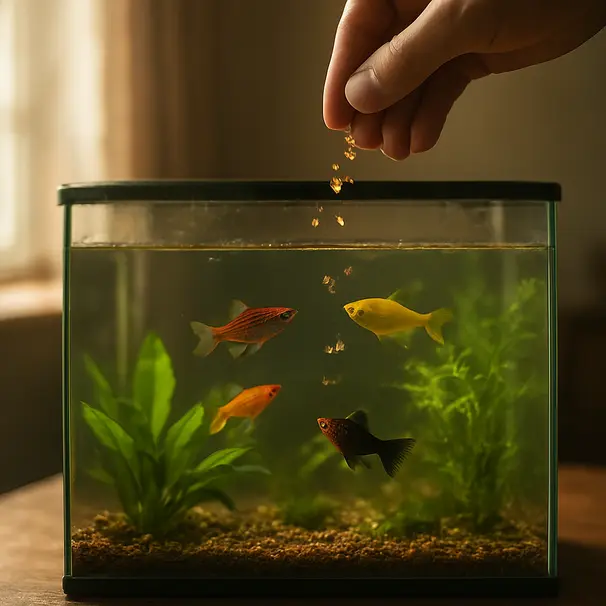 Hånd, der fodrer tropiske fisk i et lille hjemmeakvarium om morgenen, levende planter og klart vand