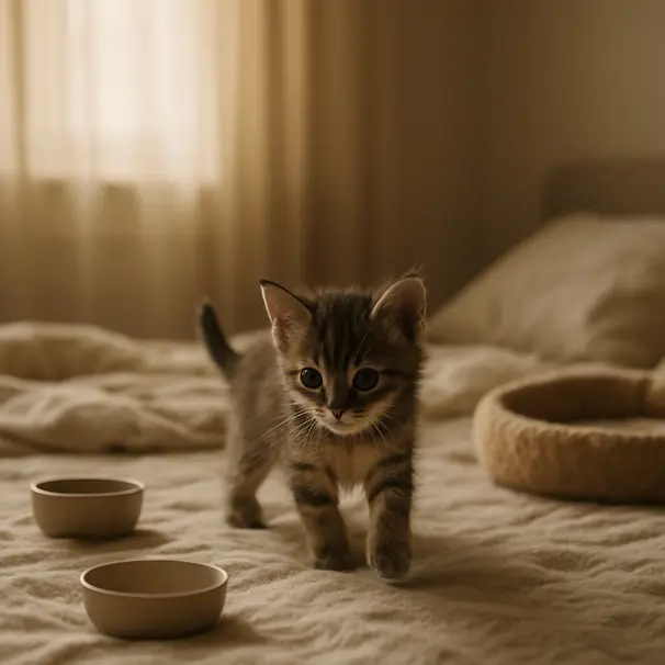 En liten kattunge utforskar ett lugnt sovrum med mjuk bädd och skålar.