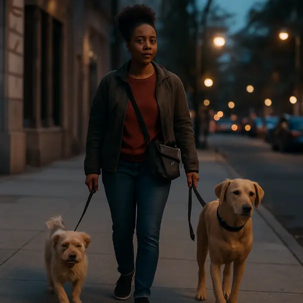 Pet carer walking a terrier and a Labrador mix on an urban sidewalk at dusk, holding a treat pouch and sealed container