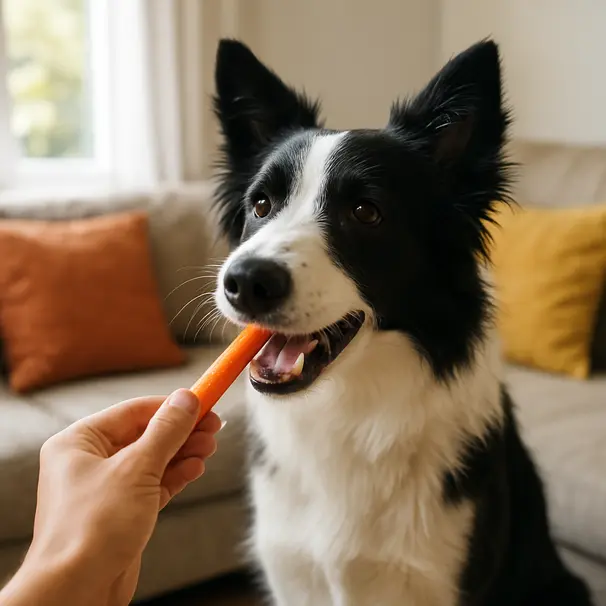 Border collie inside a living room taking a carrot stick from a person's hand, midday sunlight illuminating the scene