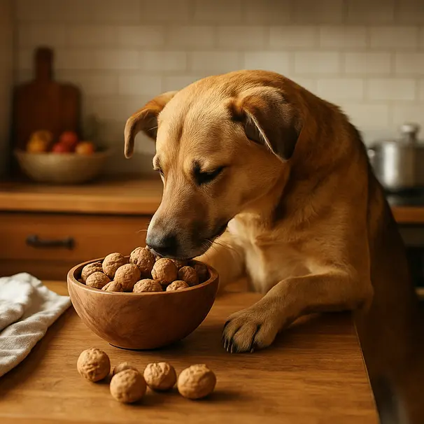 Mixed-breed dog standing with front paws on counter, sniffing a wooden bowl of walnuts in a warm, sunlit kitchen