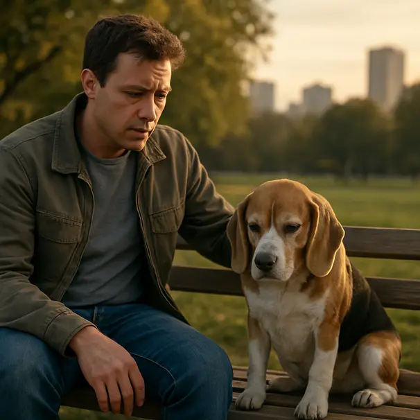 Small beagle sitting by an owner on a park bench, appearing tired and subdued in late afternoon light