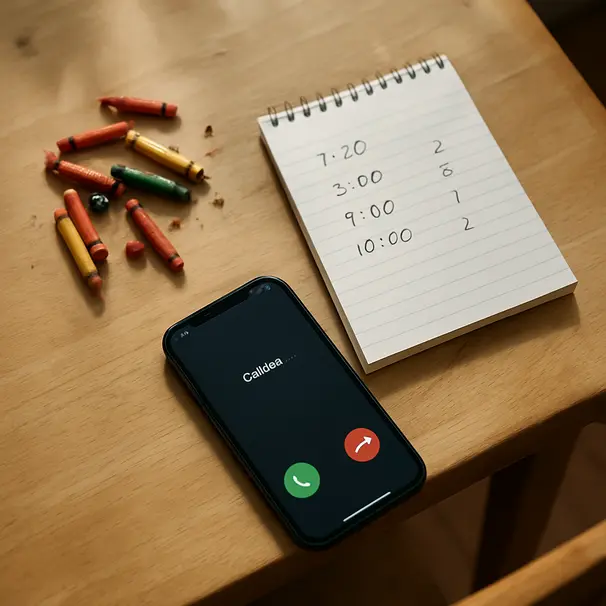Smartphone on a kitchen table showing a vet call, broken crayons and a notepad with ingestion details nearby.