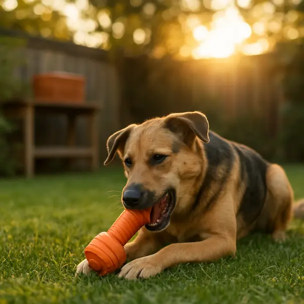 Mixed-breed dog chewing a durable toy in a backyard at golden hour, closed art box on a shelf in background.