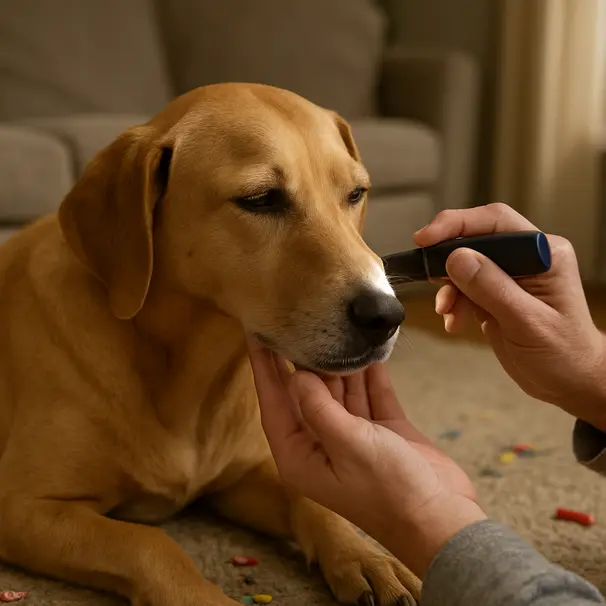 Person checking a calm dog’s mouth with a flashlight indoors, small crayon bits visible on the rug.