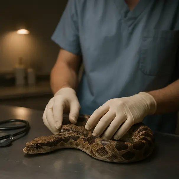Veterinarian in gloves examining a snake on an exam table in a veterinary clinic, clinical environment, focused hands