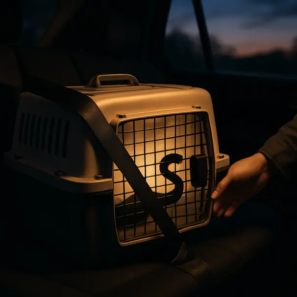 Pet carer placing a ventilated reptile transport box on a car seat with seatbelt, evening light, snake visible inside
