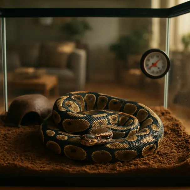 Ball python resting inside a cozy terrarium with hides and a visible thermometer, indoor home environment