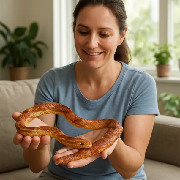 Pet carer gently holding a corn snake across both hands on a couch, indoor living room environment, daytime