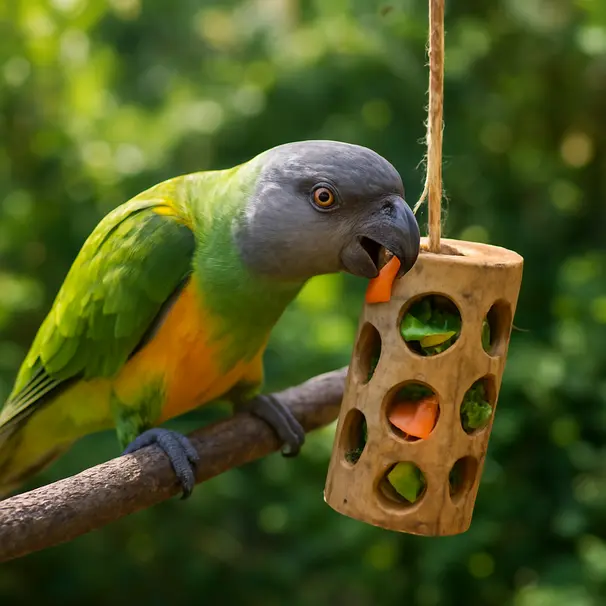 Een papegaai in een tuin zoekt naar verborgen groente in een verrijkingsspeelgoed
