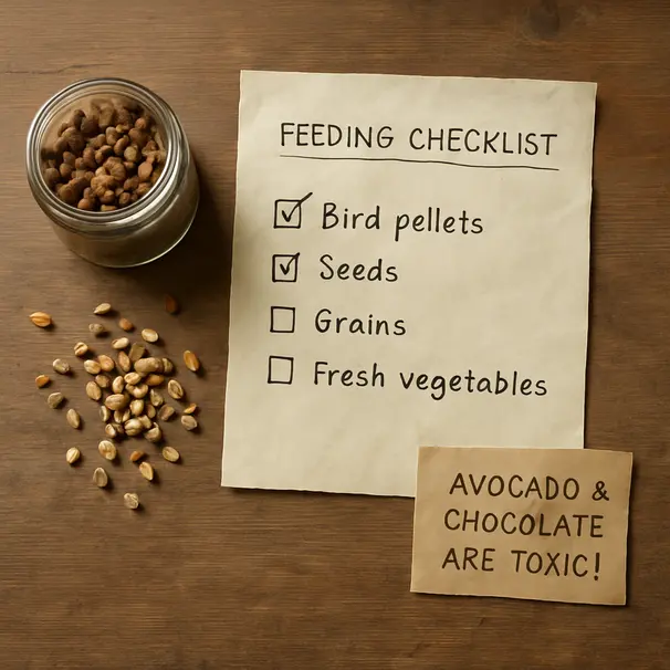 Een tafel met een handgeschreven voedingschecklist, pellets en een waarschuwing over giftig voedsel