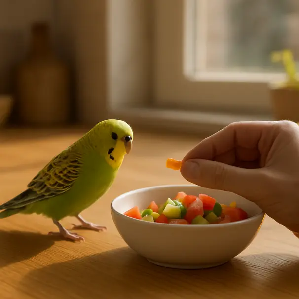 Een parkiet op een keukentafel eet een stukje verse groente terwijl zonlicht door het raam valt