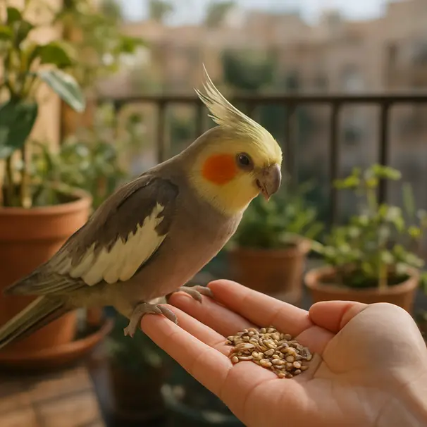 Een halsbandparkiet eet van een hand op een balkon met potplanten en zonlicht