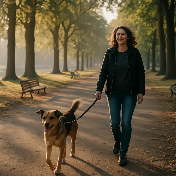 Mixed-breed dog walking with its owner along a tree-lined park path near a boating lake in the morning