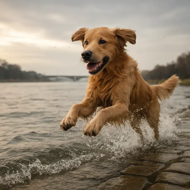 Golden retriever jumping at the edge of a riverside promenade, water spraying, river and bridges in background