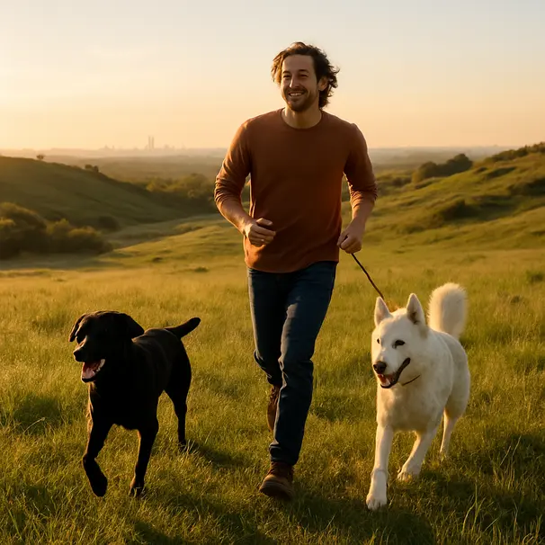 Dog walker with a black Labrador and a white husky running together across a grassy meadow at sunset