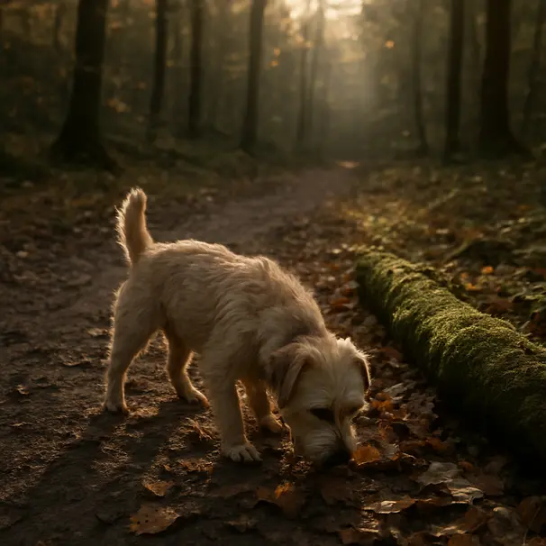Small terrier sniffing leaf litter on a shady woodland trail with dappled sunlight
