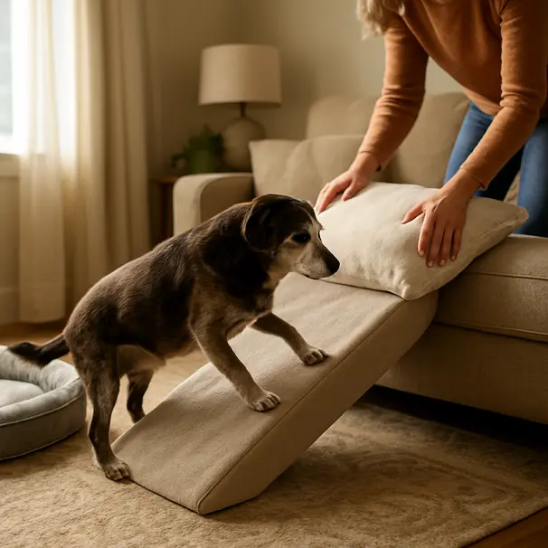 Chien senior utilisant une rampe dans un salon éclairé par le soleil, tapis antidérapant et panier orthopédique visibles