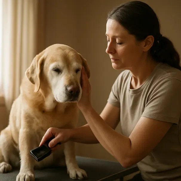 Pet carer coiffant doucement un Labrador âgé sur une table de toilettage, lumière douce de l’après-midi