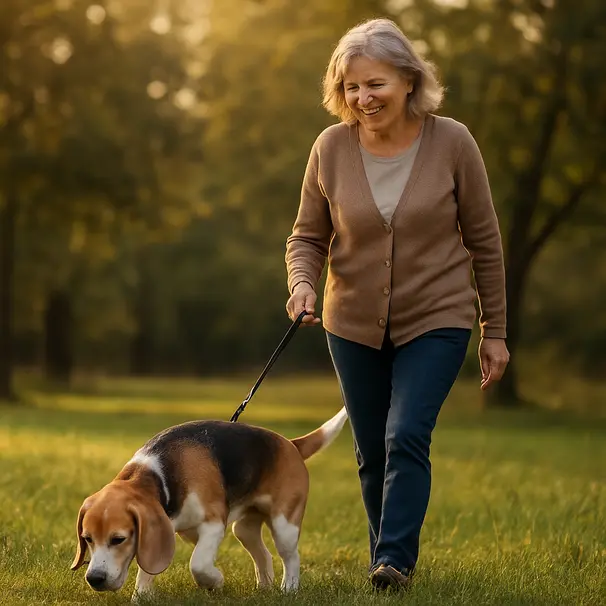 Chien âgé en promenade douce dans un parc au coucher du soleil, qui renifle l’herbe accompagné d’un pet carer